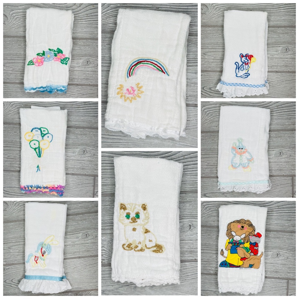 8 vintage hand made baby burp clothes / wash cloths embroidered / crochet / sewn